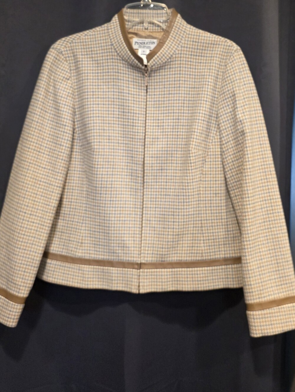 Pendleton Beige Houndstooth Wool Zip Jacket Leather Trim 8